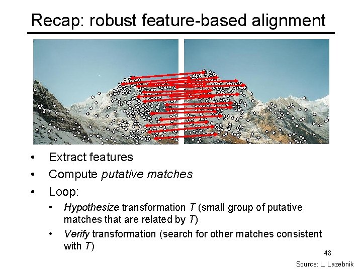 Recap: robust feature-based alignment • • • Extract features Compute putative matches Loop: •
