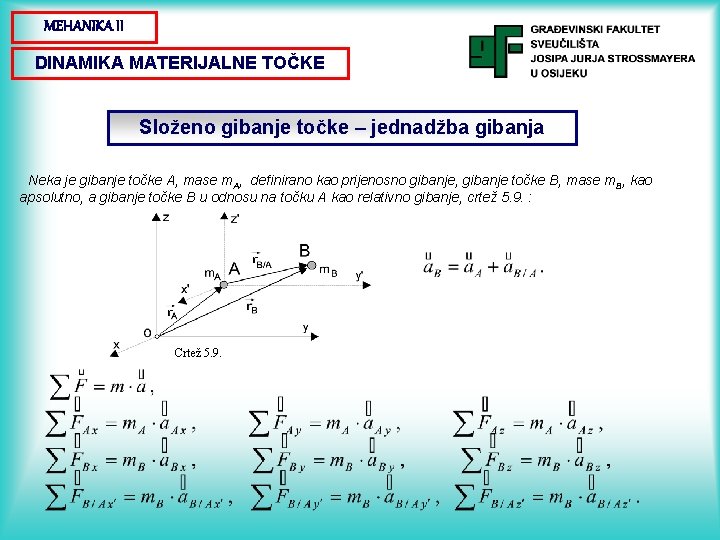 MEHANIKA II DINAMIKA MATERIJALNE TOČKE Složeno gibanje točke – jednadžba gibanja Neka je gibanje