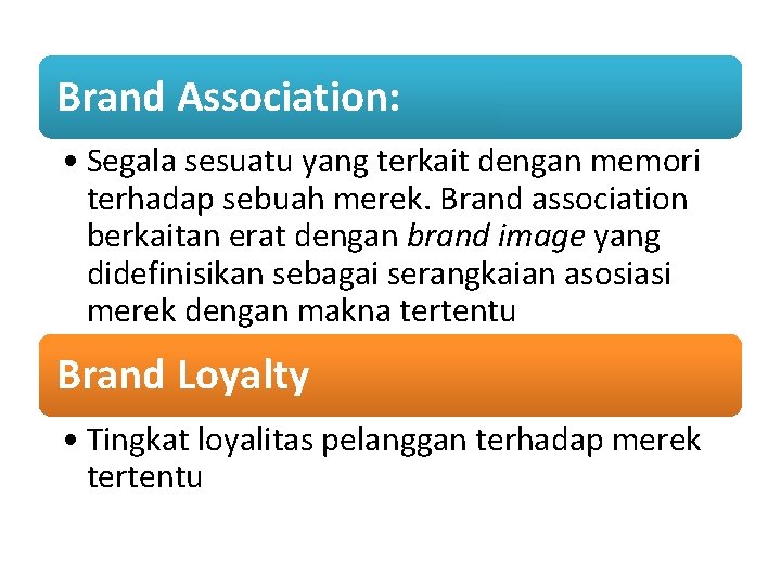Brand Association: • Segala sesuatu yang terkait dengan memori terhadap sebuah merek. Brand association