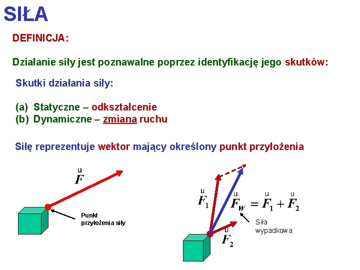SIŁA DEFINICJA: Działanie siły jest poznawalne poprzez identyfikację jego skutków: Skutki działania siły: (a)