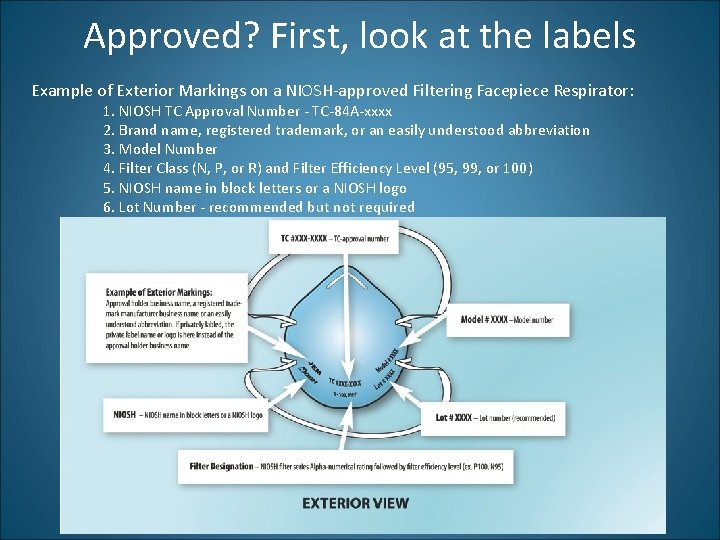 Approved? First, look at the labels Example of Exterior Markings on a NIOSH-approved Filtering