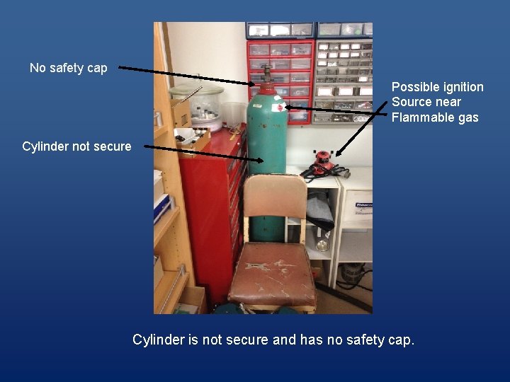 No safety cap Possible ignition Source near Flammable gas Cylinder not secure Cylinder is