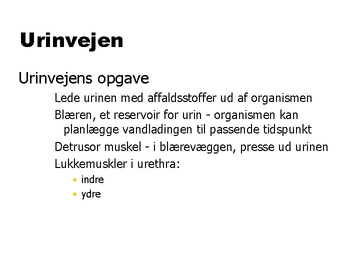 Urinvejens opgave Lede urinen med affaldsstoffer ud af organismen Blæren, et reservoir for urin