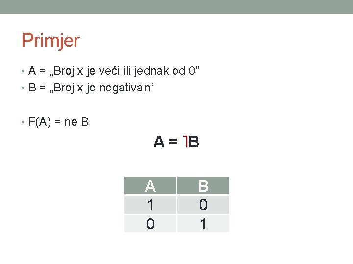 Primjer • A = „Broj x je veći ili jednak od 0” • B