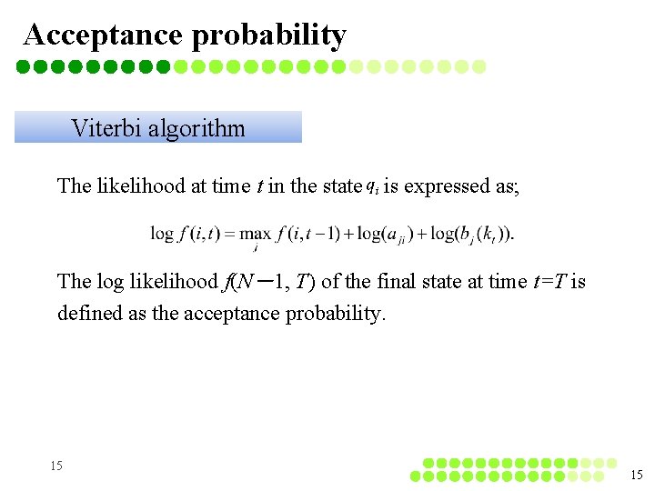 Acceptance probability Viterbi algorithm The likelihood at time t in the state is expressed Acceptance probability Viterbi algorithm The likelihood at time t in the state is expressed