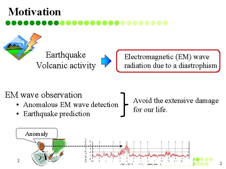 Motivation Earthquake Volcanic activity EM wave observation • Anomalous EM wave detection • Earthquake Motivation Earthquake Volcanic activity EM wave observation • Anomalous EM wave detection • Earthquake