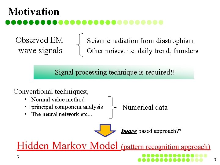 Motivation Observed EM wave signals Seismic radiation from diastrophism Other noises, i. e. daily Motivation Observed EM wave signals Seismic radiation from diastrophism Other noises, i. e. daily