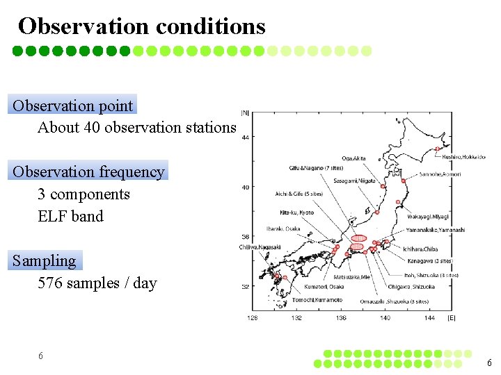 Observation conditions Observation point About 40 observation stations Observation frequency 3 components ELF band Observation conditions Observation point About 40 observation stations Observation frequency 3 components ELF band