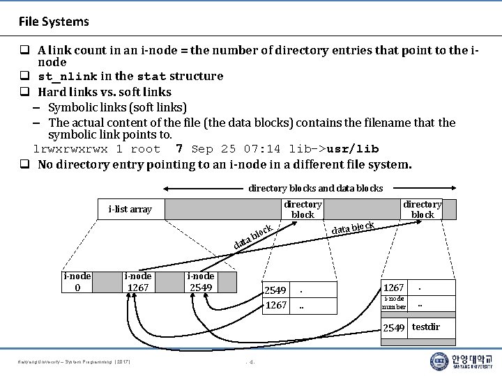 File Systems A link count in an i-node = the number of directory entries