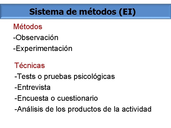 Sistema de métodos (EI) Métodos -Observación -Experimentación Técnicas -Tests o pruebas psicológicas -Entrevista -Encuesta