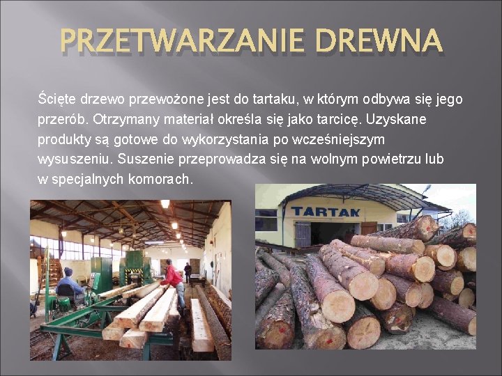 PRZETWARZANIE DREWNA Ścięte drzewo przewożone jest do tartaku, w którym odbywa się jego przerób.