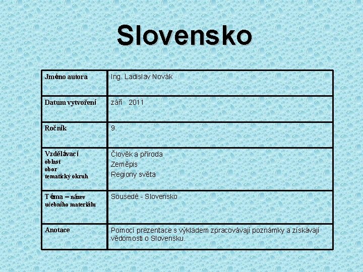 Slovensko Jméno autora Ing. Ladislav Novák Datum vytvoření září 2011 Ročník 9. Vzdělávací oblast