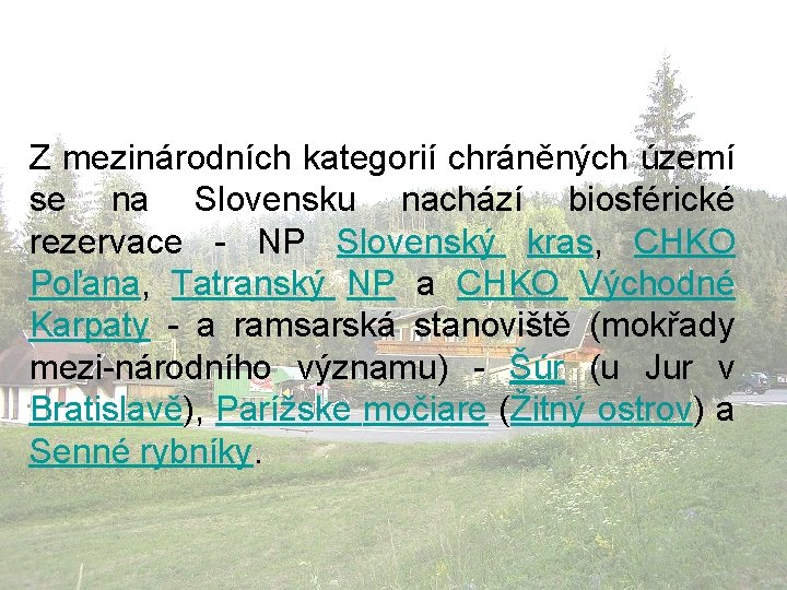 Z mezinárodních kategorií chráněných území se na Slovensku nachází biosférické rezervace - NP Slovenský