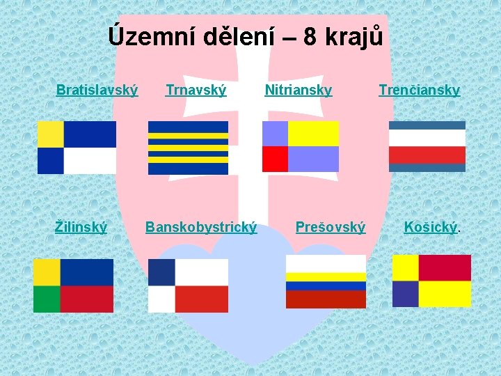 Územní dělení – 8 krajů Bratislavský Trnavský Nitriansky Trenčiansky Žilinský Banskobystrický Prešovský Košický. 