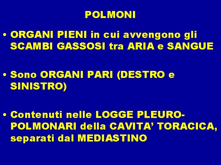 POLMONI • ORGANI PIENI in cui avvengono gli SCAMBI GASSOSI tra ARIA e SANGUE