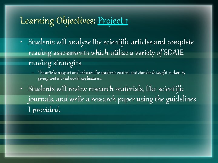 Project Introduction And Learning Objective Paper Example Project 1 Biology Reader with Reading Techniques Assessments