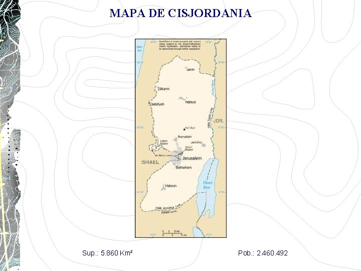 MAPA DE CISJORDANIA Sup. : 5. 860 Km² Pob. : 2. 460. 492 MAPA DE CISJORDANIA Sup. : 5. 860 Km² Pob. : 2. 460. 492