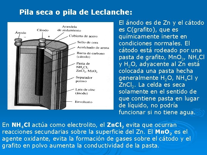 Pila seca o pila de Leclanche: El ánodo es de Zn y el cátodo