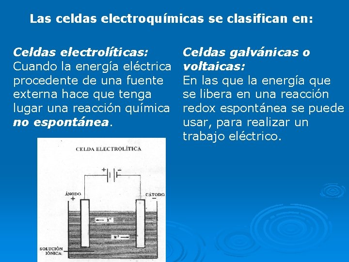 Las celdas electroquímicas se clasifican en: Celdas electrolíticas: Cuando la energía eléctrica procedente de