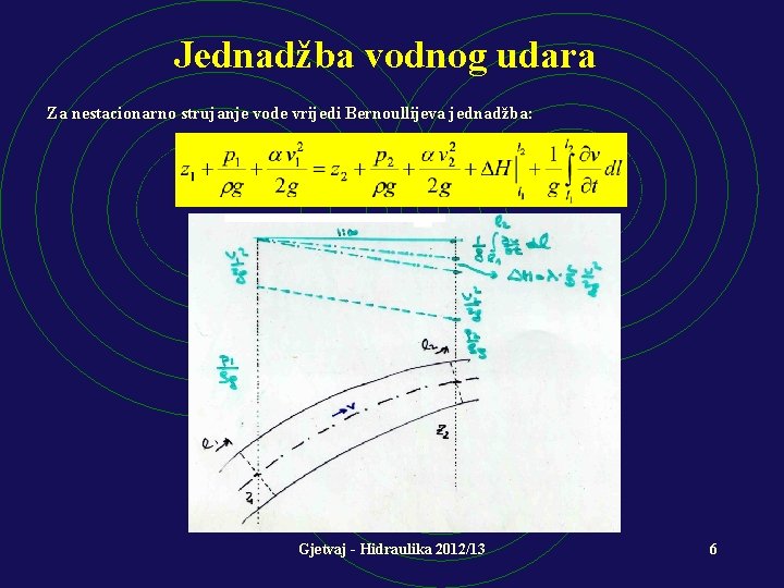 Jednadžba vodnog udara Za nestacionarno strujanje vode vrijedi Bernoullijeva jednadžba: Gjetvaj - Hidraulika 2012/13