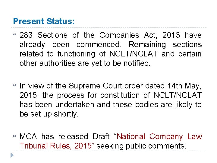 Present Status: 283 Sections of the Companies Act, 2013 have already been commenced. Remaining Present Status: 283 Sections of the Companies Act, 2013 have already been commenced. Remaining