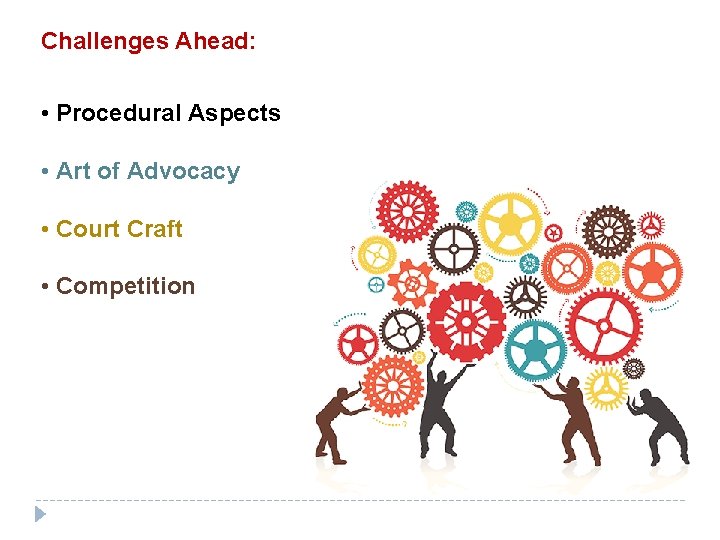 Challenges Ahead: • Procedural Aspects • Art of Advocacy • Court Craft • Competition