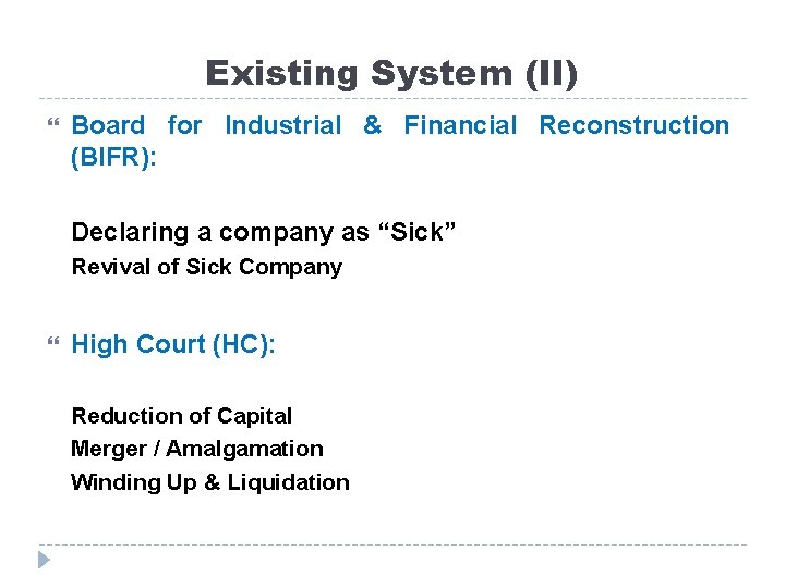 Existing System (II) Board for Industrial & Financial Reconstruction (BIFR): Declaring a company as Existing System (II) Board for Industrial & Financial Reconstruction (BIFR): Declaring a company as