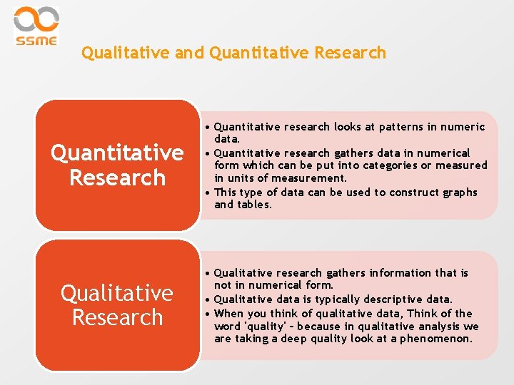 Qualitative and Quantitative Research Qualitative Research • Quantitative research looks at patterns in numeric