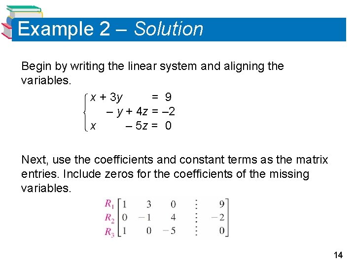 Example 2 – Solution Begin by writing the linear system and aligning the variables. Example 2 – Solution Begin by writing the linear system and aligning the variables.