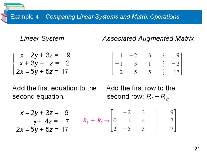 Example 4 – Comparing Linear Systems and Matrix Operations Linear System Associated Augmented Matrix Example 4 – Comparing Linear Systems and Matrix Operations Linear System Associated Augmented Matrix