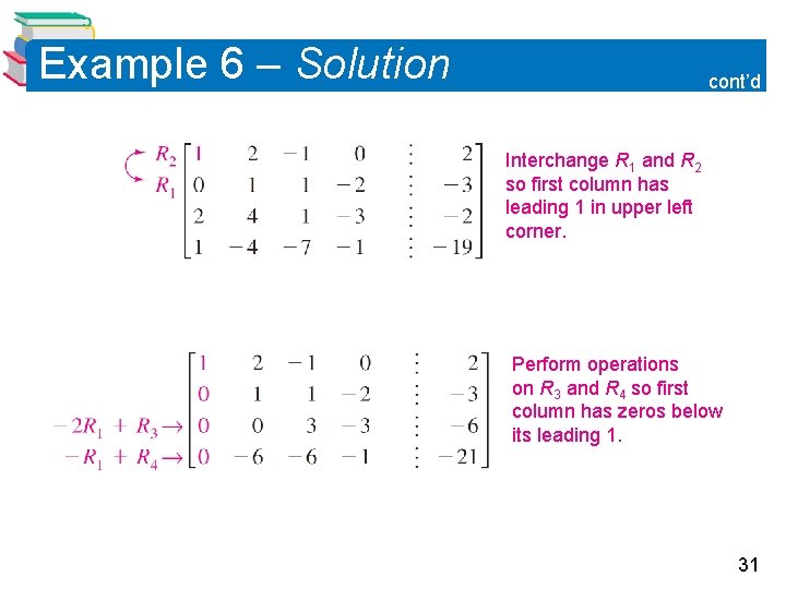 Example 6 – Solution cont’d Interchange R 1 and R 2 so first column Example 6 – Solution cont’d Interchange R 1 and R 2 so first column