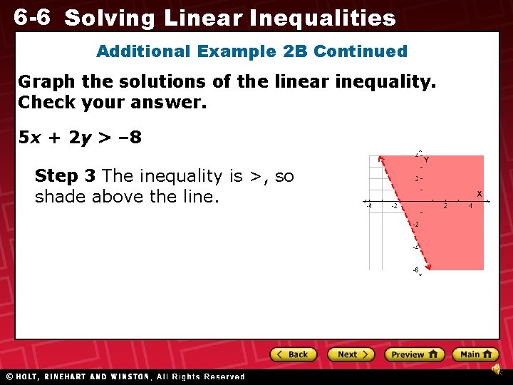 6 -6 Solving Linear Inequalities Additional Example 2 B Continued Graph the solutions of