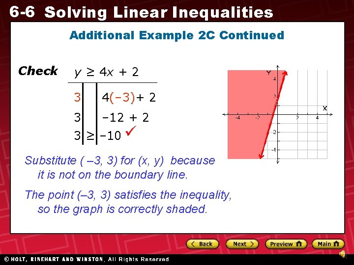 6 -6 Solving Linear Inequalities Additional Example 2 C Continued Check y ≥ 4