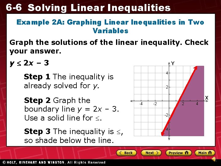 6 -6 Solving Linear Inequalities Example 2 A: Graphing Linear Inequalities in Two Variables