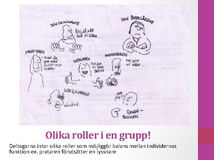 Olika roller i en grupp! Deltagarna intar olika roller som möjliggör balans mellan individernas