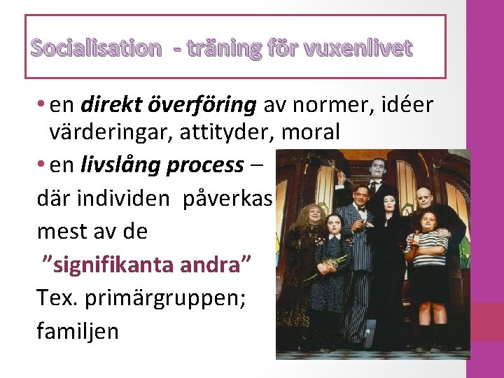 Socialisation - träning för vuxenlivet • en direkt överföring av normer, idéer värderingar, attityder,