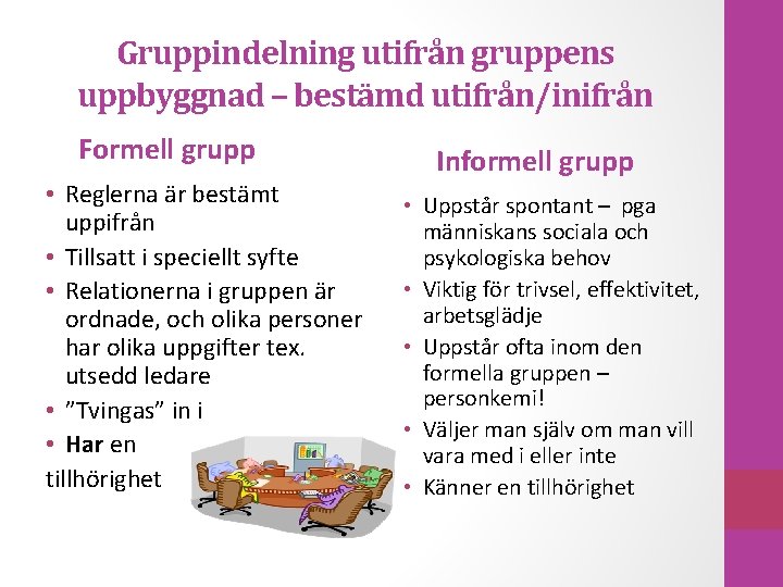 Gruppindelning utifrån gruppens uppbyggnad – bestämd utifrån/inifrån Formell grupp • Reglerna är bestämt uppifrån