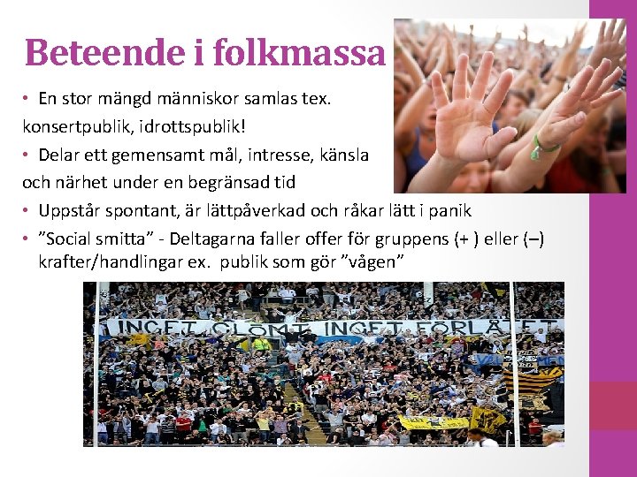 Beteende i folkmassa • En stor mängd människor samlas tex. konsertpublik, idrottspublik! • Delar