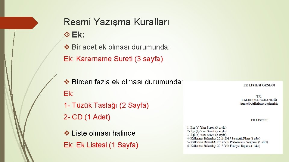 Resmi Yazışma Kuralları Ek: v Bir adet ek olması durumunda: Ek: Kararname Sureti (3