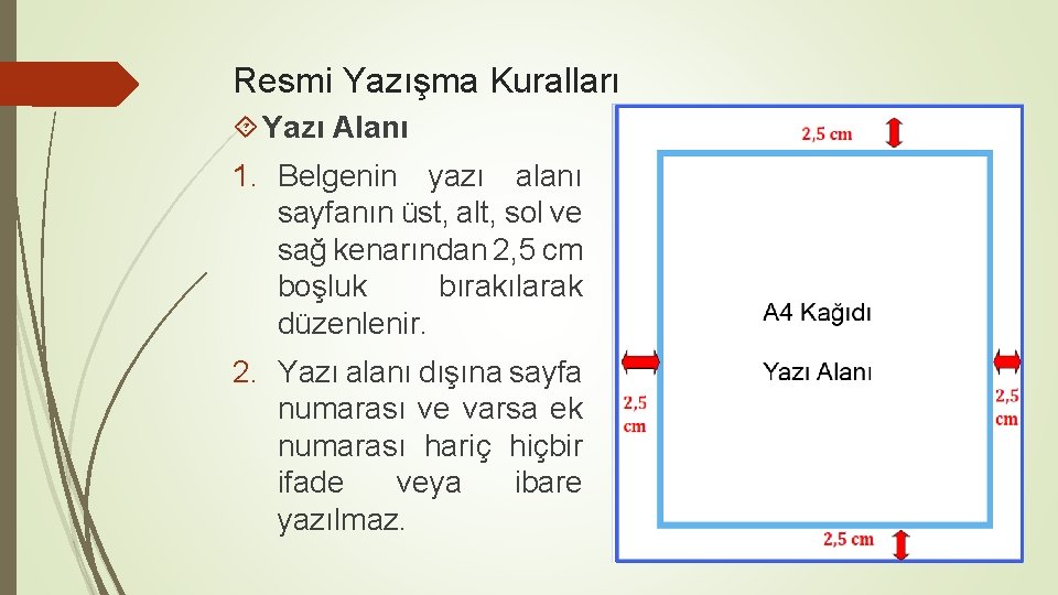 Resmi Yazışma Kuralları Yazı Alanı 1. Belgenin yazı alanı sayfanın üst, alt, sol ve