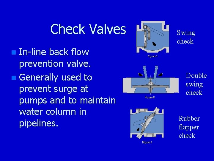 Check Valves In-line back flow prevention valve. n Generally used to prevent surge at