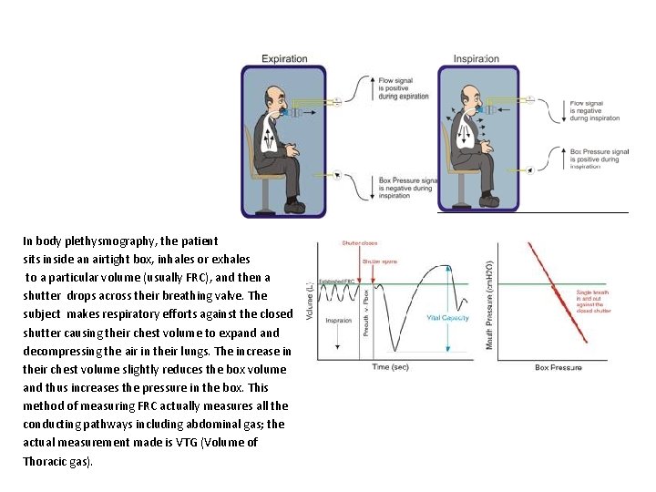 In body plethysmography, the patient sits inside an airtight box, inhales or exhales to