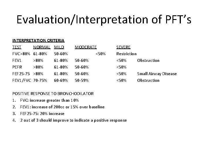 Evaluation/Interpretation of PFT’s INTERPRETATION CRITERIA TEST NORMAL MILD FVC >80% 61 -80% 50 -60%