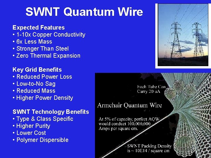 SWNT Quantum Wire Expected Features • 1 -10 x Copper Conductivity • 6 x