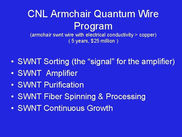 CNL Armchair Quantum Wire Program (armchair swnt wire with electrical conductivity > copper) (