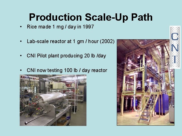 Production Scale-Up Path • Rice made 1 mg / day in 1997 • Lab-scale