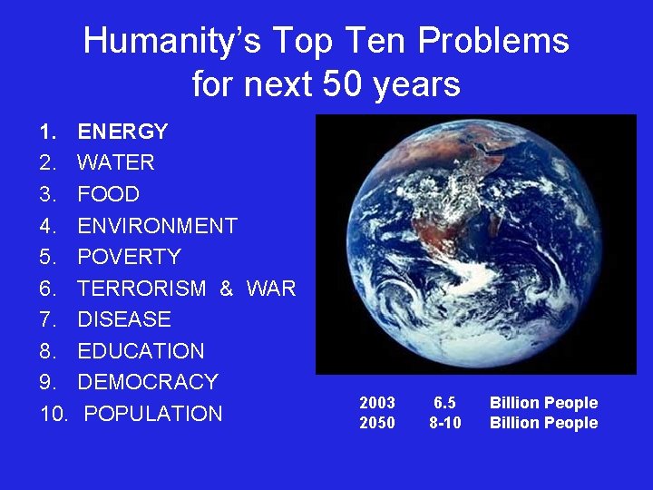 Humanity’s Top Ten Problems for next 50 years 1. 2. 3. 4. 5. 6.