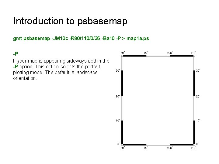 Introduction to psbasemap gmt psbasemap -JM 10 c -R 80/110/0/35 -Ba 10 -P >