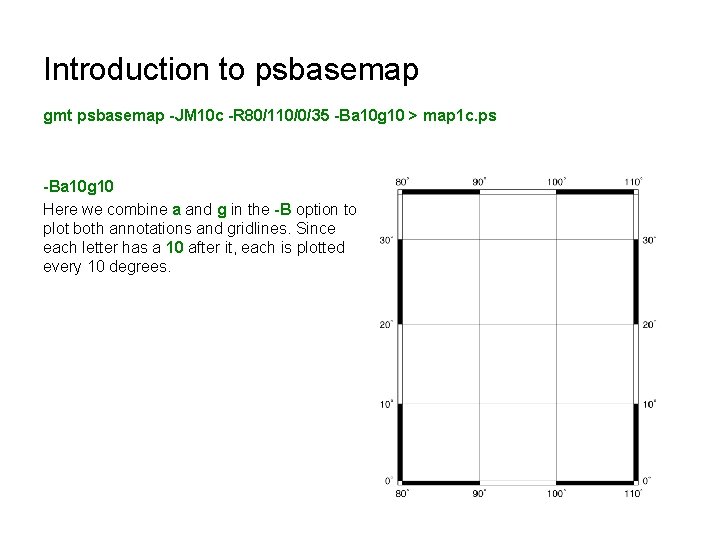 Introduction to psbasemap gmt psbasemap -JM 10 c -R 80/110/0/35 -Ba 10 g 10