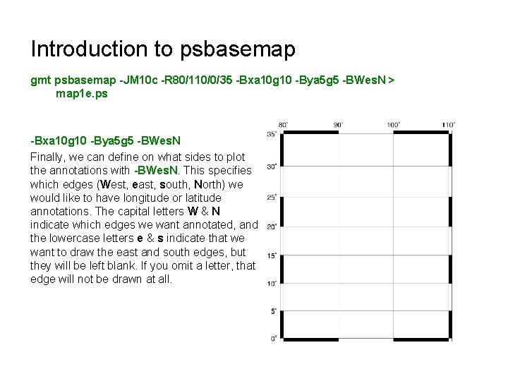 Introduction to psbasemap gmt psbasemap -JM 10 c -R 80/110/0/35 -Bxa 10 g 10